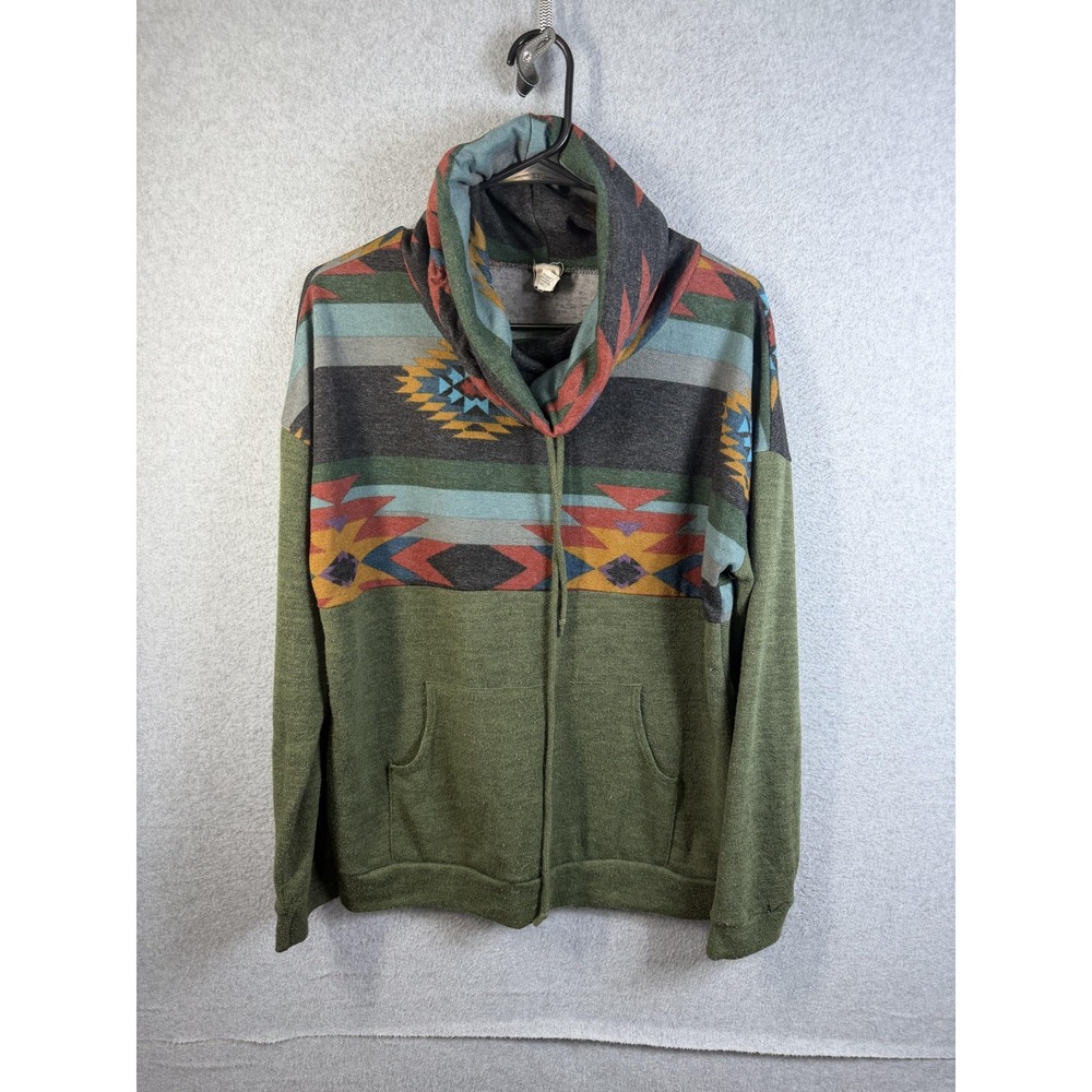 7th Ray Hoodie Womens Large Green Aztec Cowl Neck Pullover Kangaroo Pockets Boho